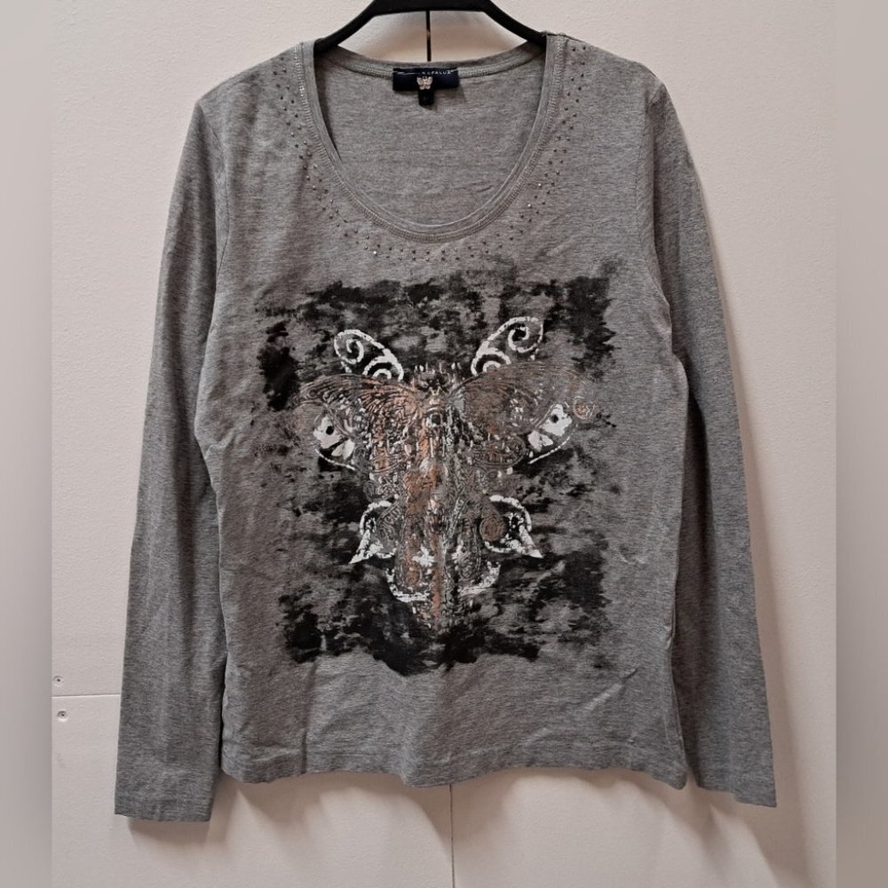 Kapalua Women's T-Shirt Tee Long Sleeve Gray Butterfly Viscose Size Medium